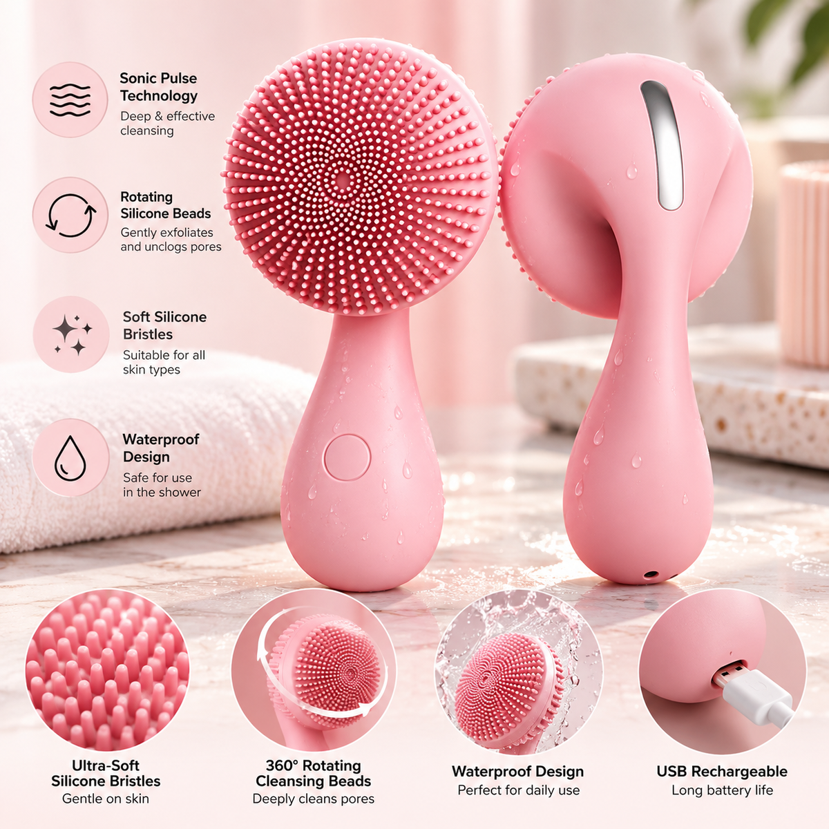 Silicone Facial Cleansing Device with Vibration Massage